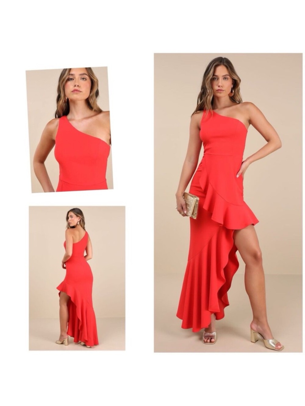 NWT - Lulus Dramatic Persona One-Shoulder Ruffled Maxi Dress Bright Orange/Red